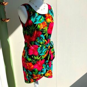 Vintage 80s 90s  Tropical Floral Faux Wrap Dress